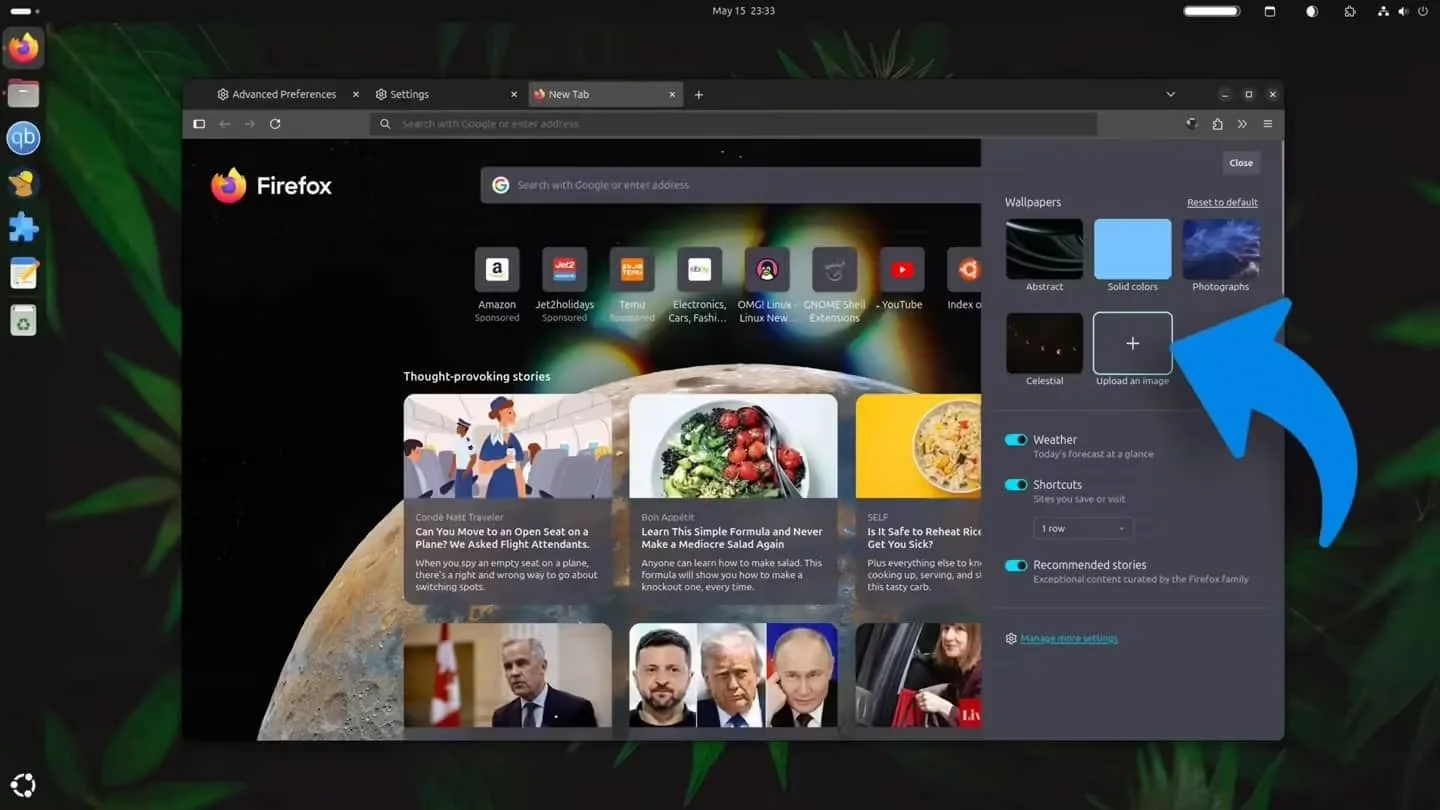 火狐 Firefox 浏览器 138 新特性：新标签页背景支持上传图片定制插图