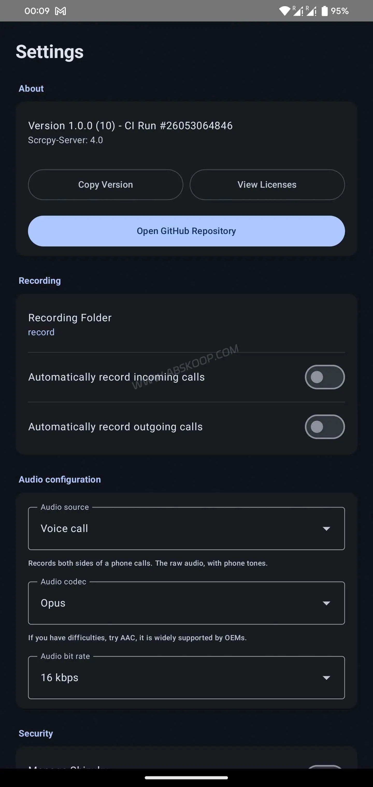 ShizuCallRecorder 设置界面截图，展示免 Root 通话录音相关配置选项