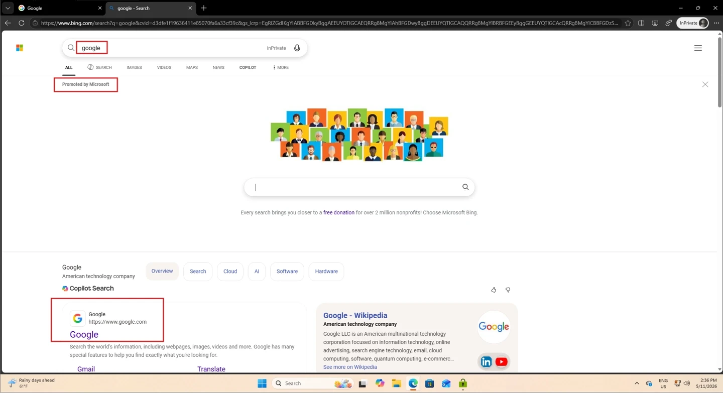 微软 Edge 搜索引流策略再惹争议：输入 Google 仍强制跳转仿谷歌 Bing 页面插图