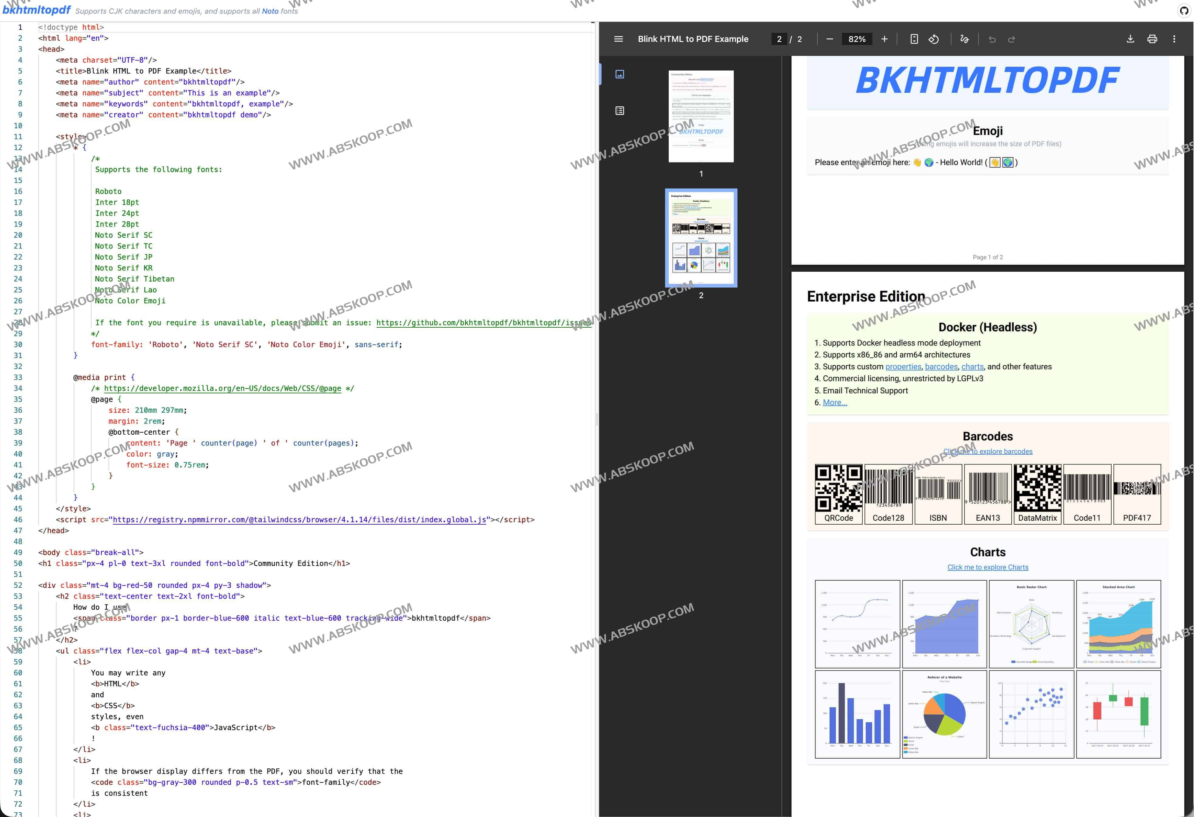 BKHTMLTOPDF：高性能开源 HTML 转 PDF 工具，支持图表、条形码与多语言渲染