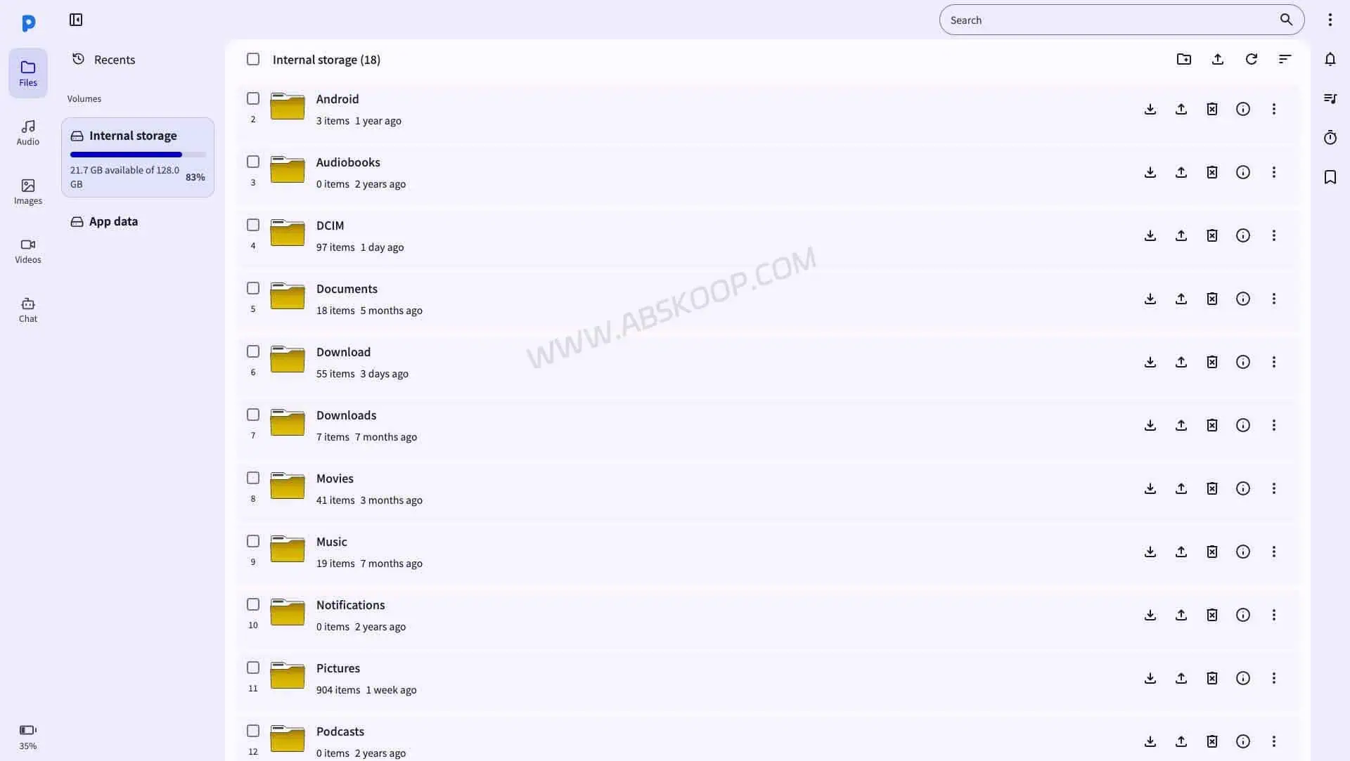 PlainApp 文件管理界面截图，支持在浏览器中管理安卓手机文件