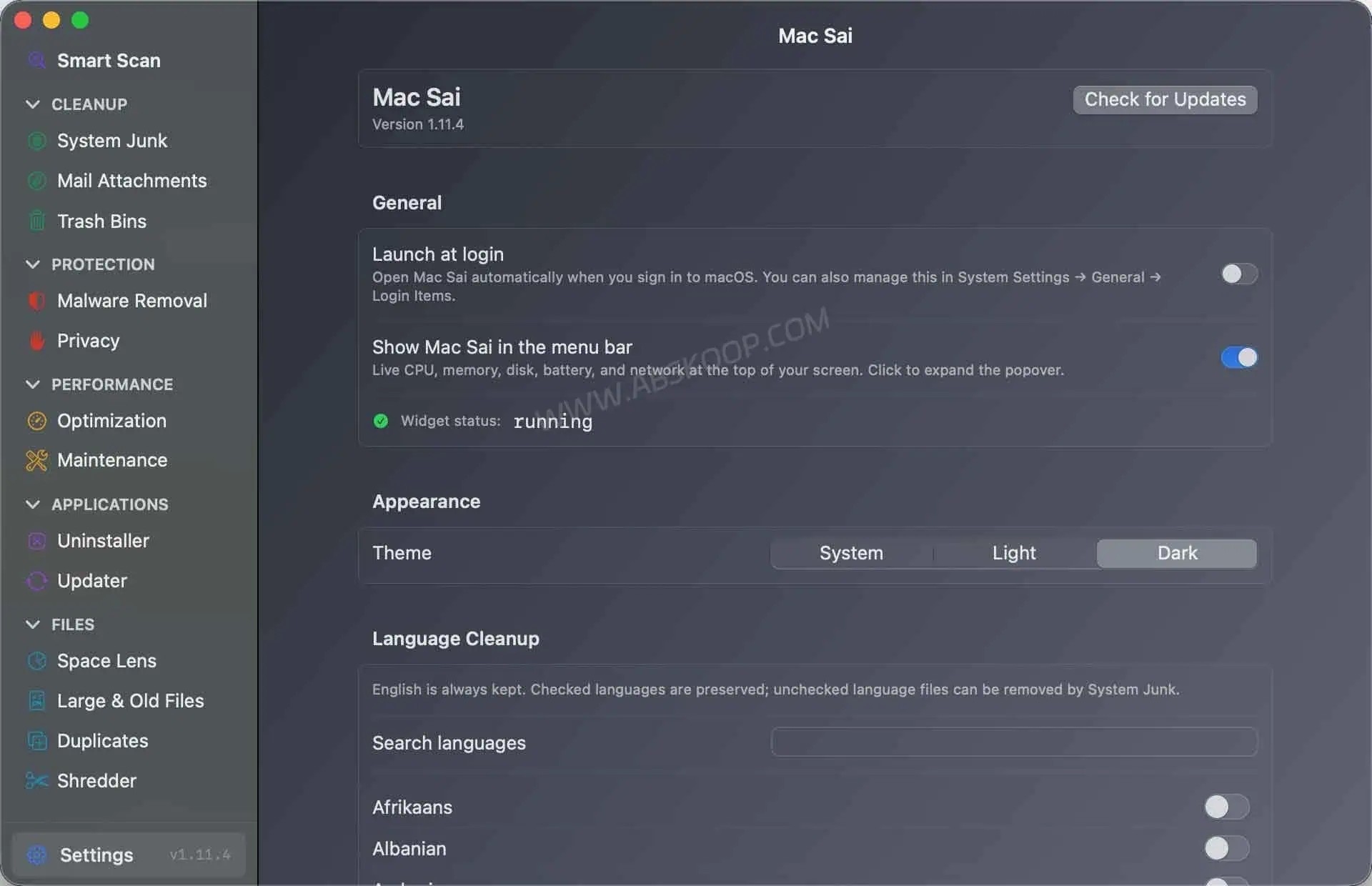 Mac Sai 软件设置界面，支持 Mac 清理工具权限和功能配置