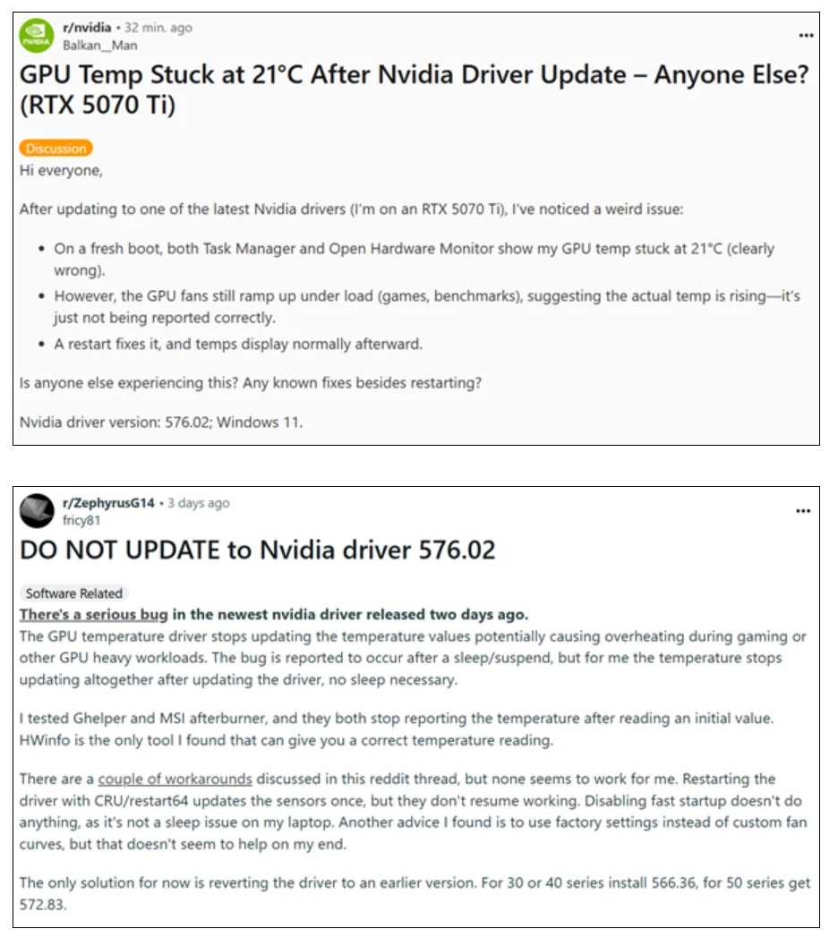 NVIDIA 576.02驱动一堆新Bug 显卡温度异常插图1