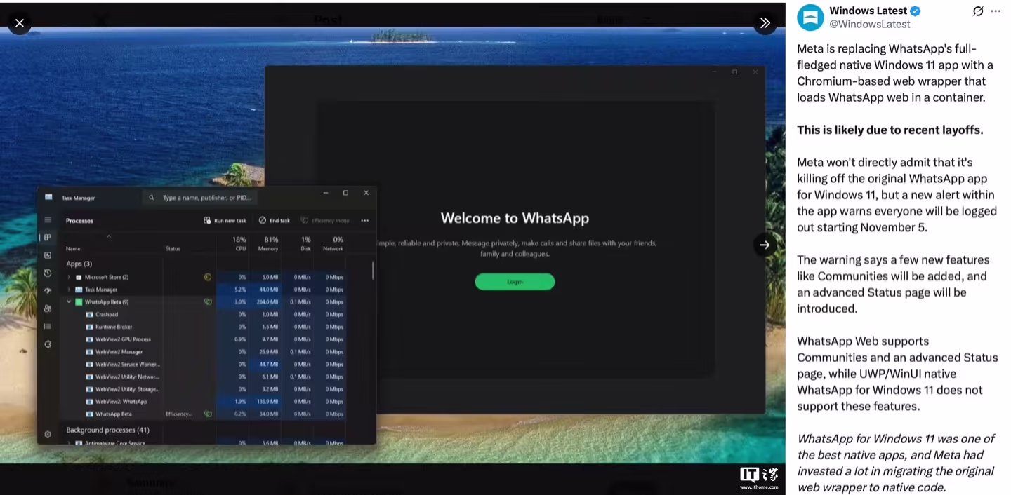 又回到 Chromium 网页封装:Meta 旗下 Win11 版 WhatsApp 聊天应用放弃 WinUI 原生版本插图 又回到 Chromium 网页封装:Meta 旗下 Win11 版 WhatsApp 聊天应用放弃 WinUI 原生版本插图