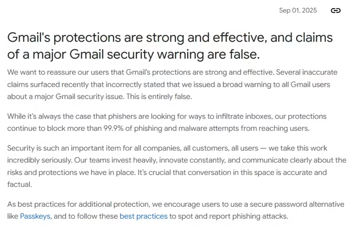 谷歌:“向 25 亿 Gmail 用户发送安全警报”纯属谣言插图 谷歌:“向 25 亿 Gmail 用户发送安全警报”纯属谣言插图