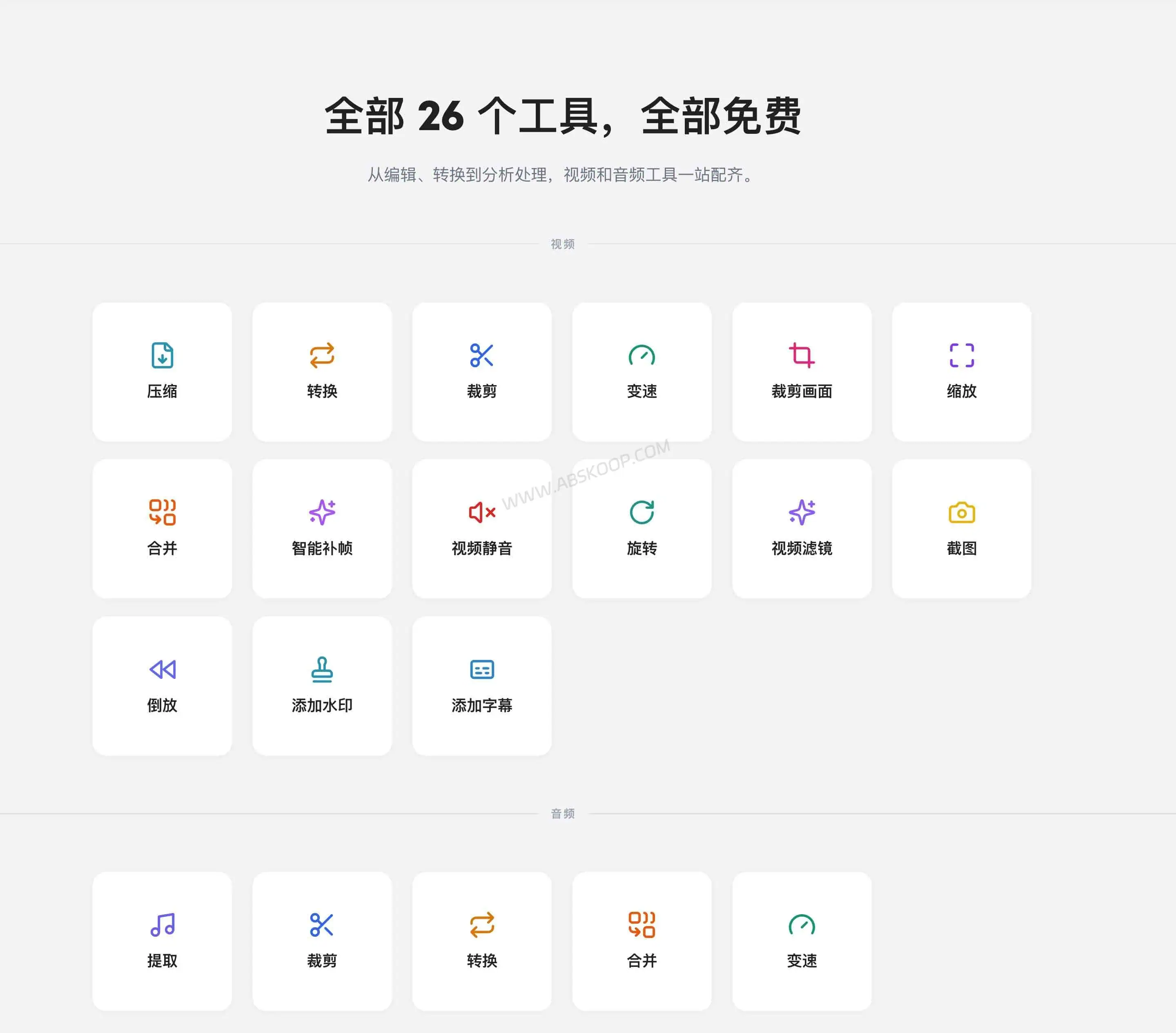 tools.video:不上传文件的在线视频压缩工具,适合临时处理大文件视频 tools.video 在线音视频处理工具功能列表,包含视频压缩、格式转换、裁剪、音频提取等功能
