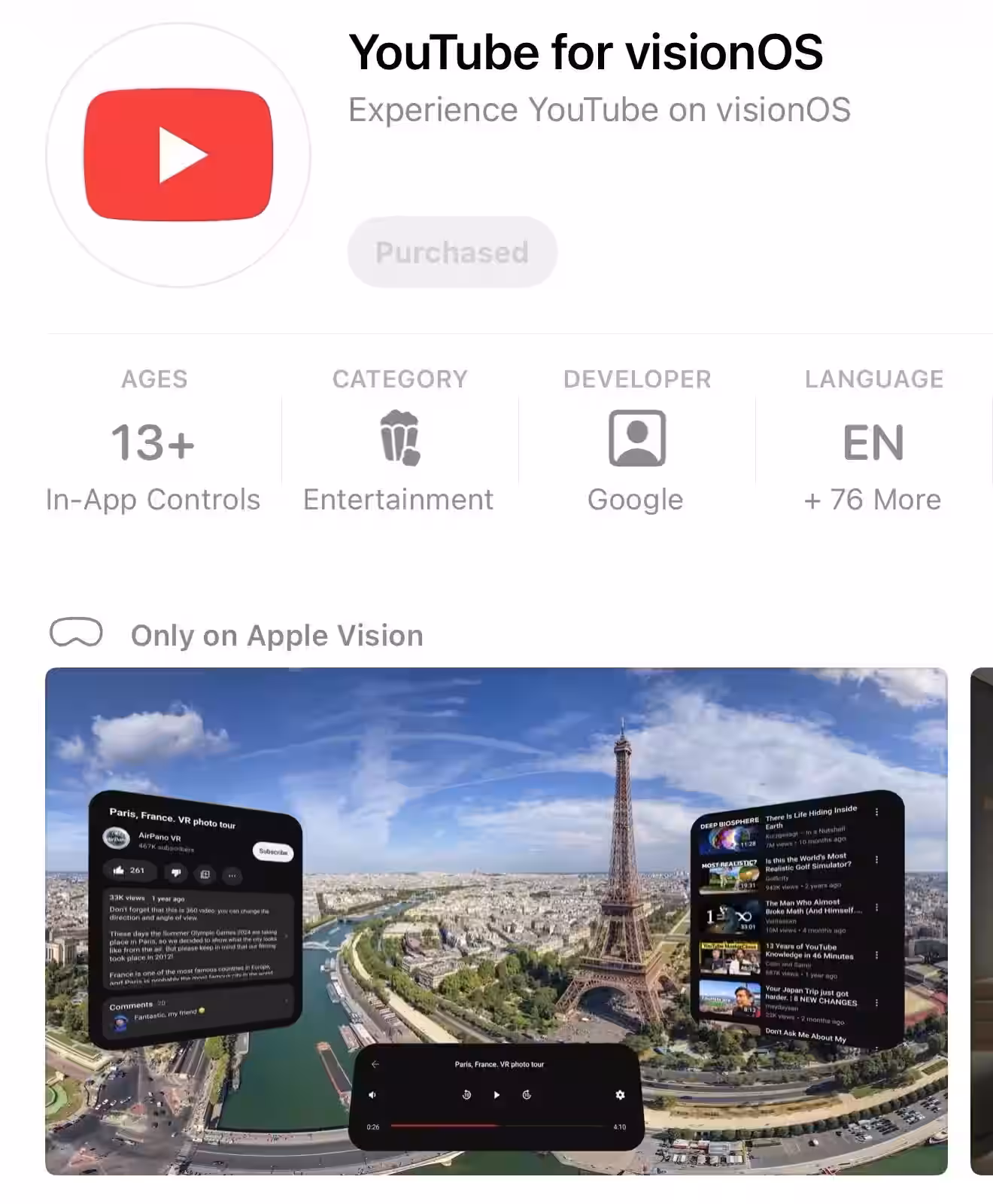 姗姗来迟：苹果 Vision Pro 上市两年后，谷歌 YouTube 原生应用终于登场插图