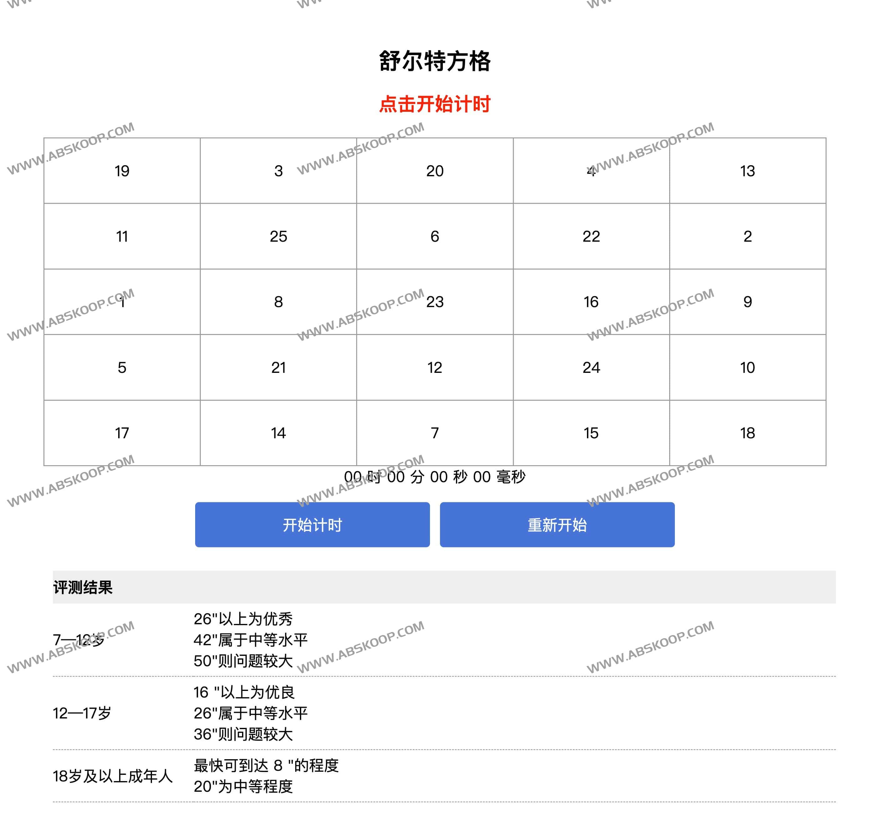 舒尔特方格在线测试-注意力测试训练游戏
