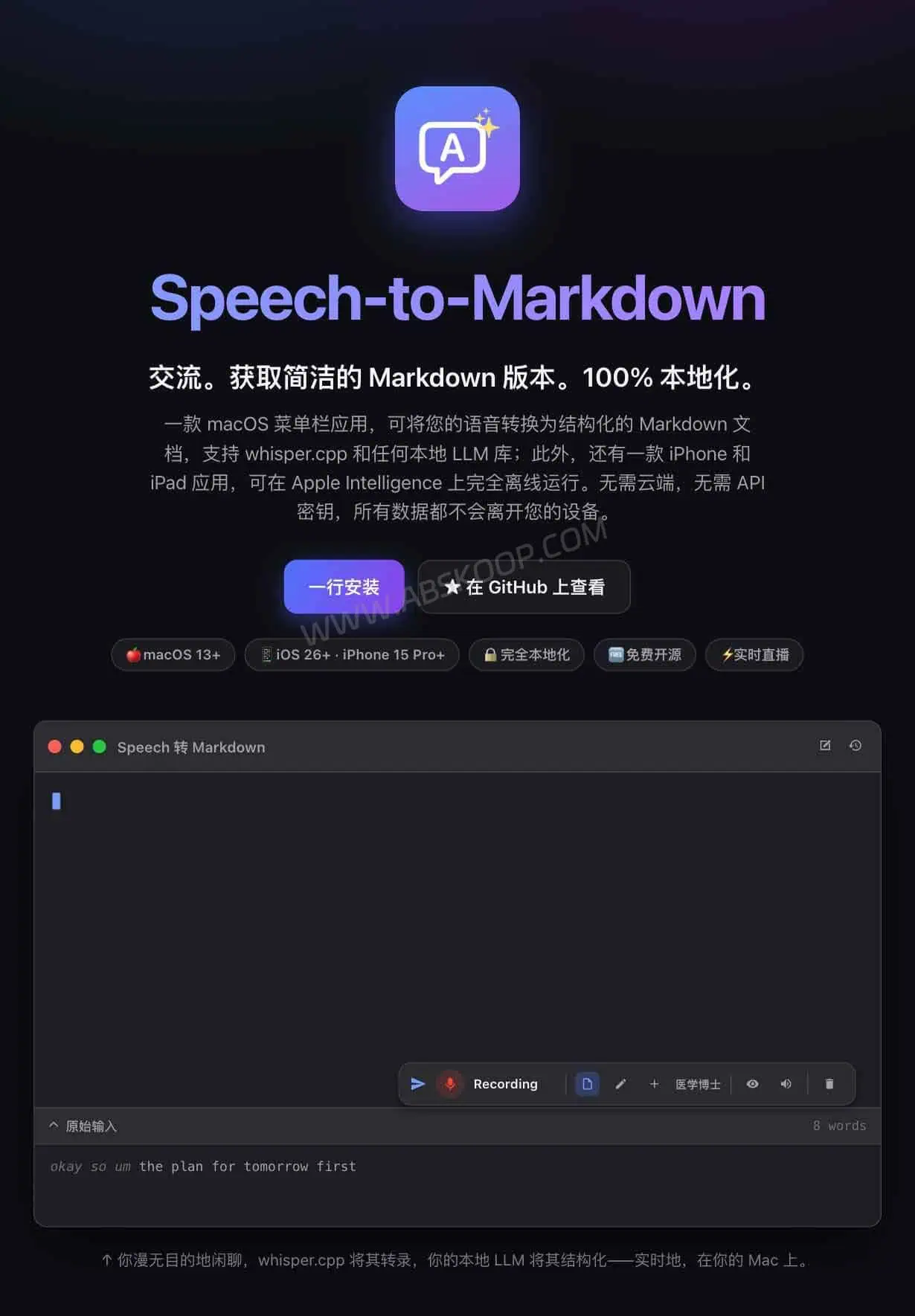 Speech To Markdown 本地语音转 Markdown 工具官网主页