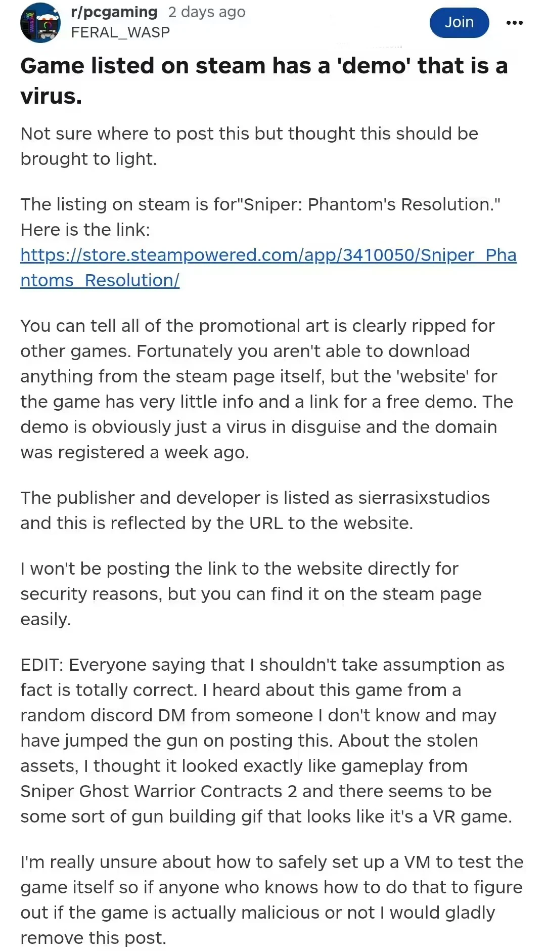 Steam 平台出现伪装成试玩游戏的病毒链接插图