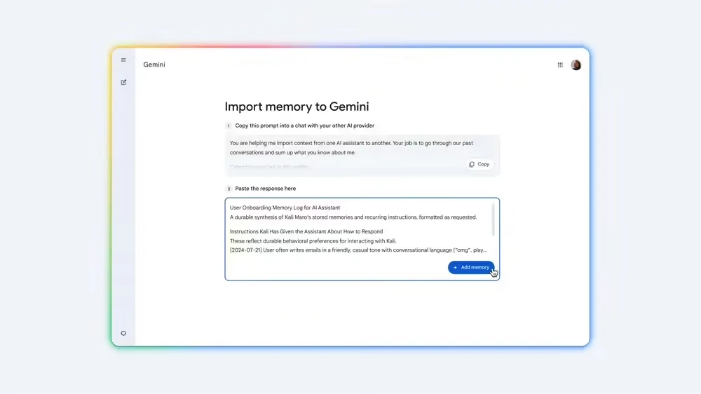 换 AI 不再“从零开始”：谷歌 Gemini 现支持一键导入 ChatGPT、Claude 记忆与聊天记录插图