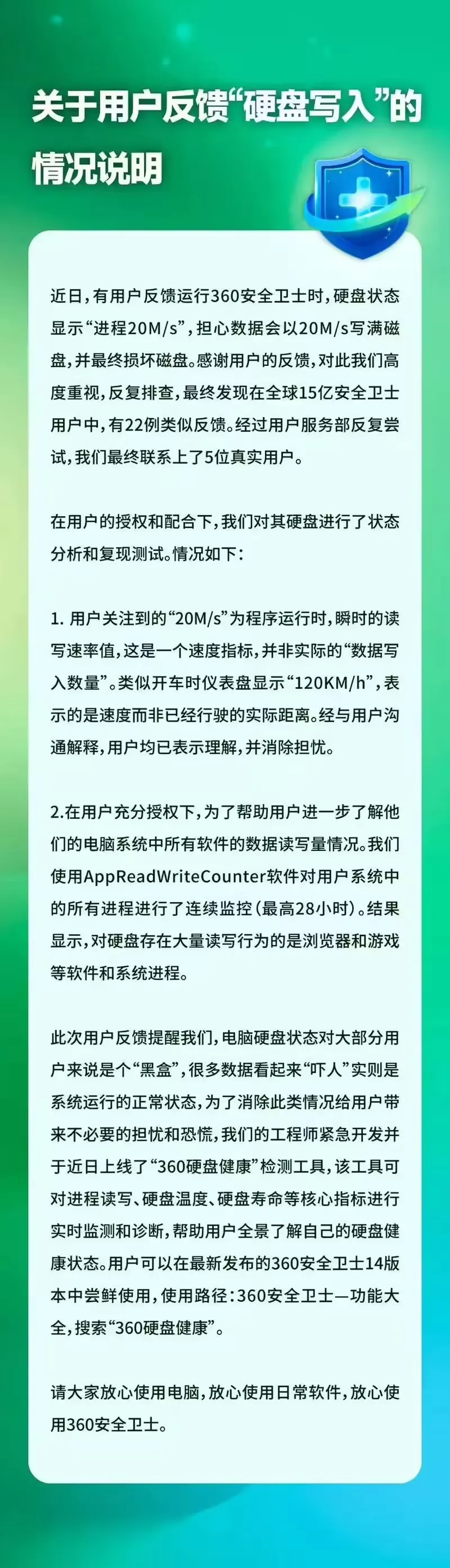 360 安全卫士发布情况说明,回应运行时硬盘状态显示“进程 20M/s”插图 360 安全卫士发布情况说明,回应运行时硬盘状态显示“进程 20M/s”插图