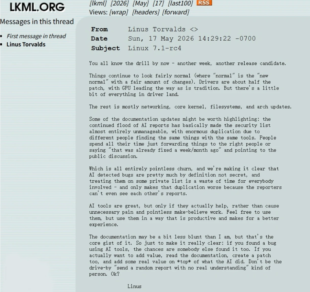 Linus Torvalds 发布 Linux 7.1 RC4，痛批 AI 带来的重复 Bug 报告插图