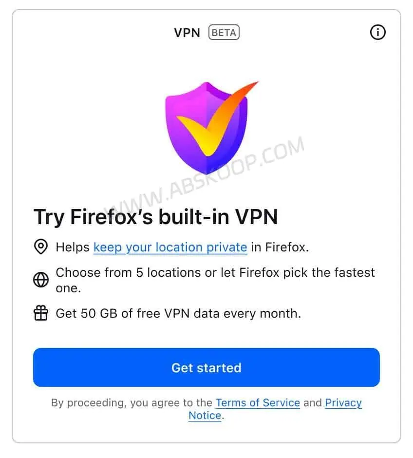 Firefox 内置 VPN 开启入口截图