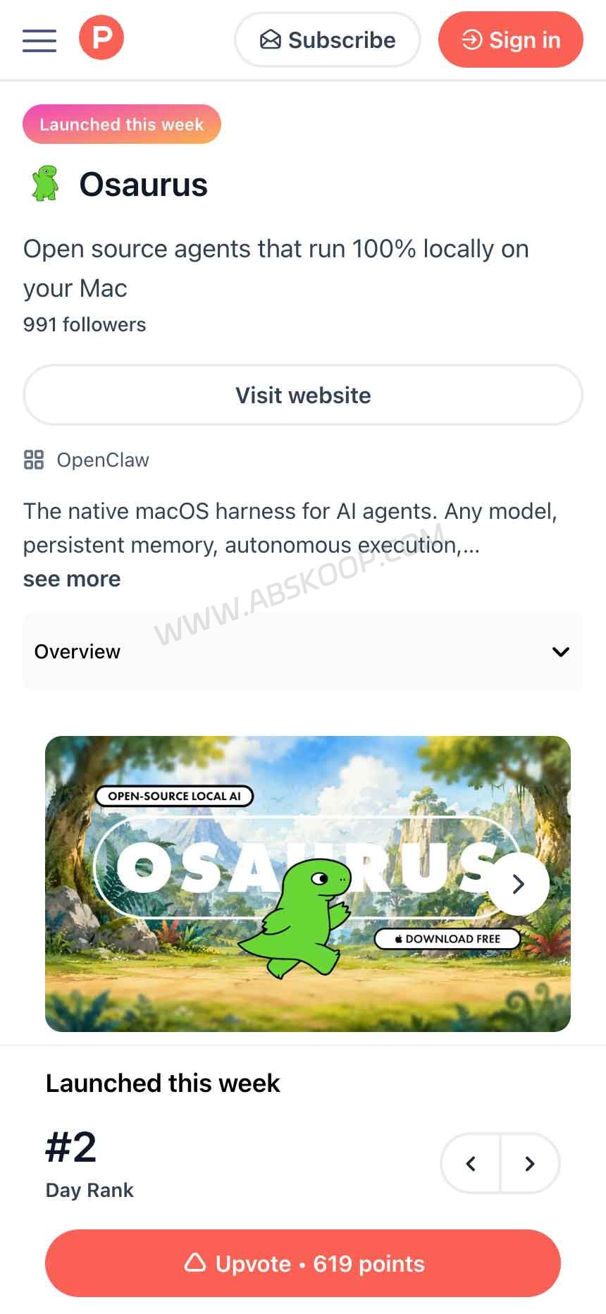 Osaurus Product Hunt 社区发布页面
