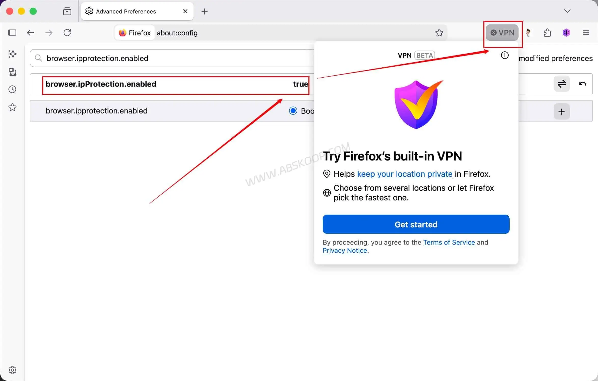 Firefox 内置 VPN 开启步骤示意图