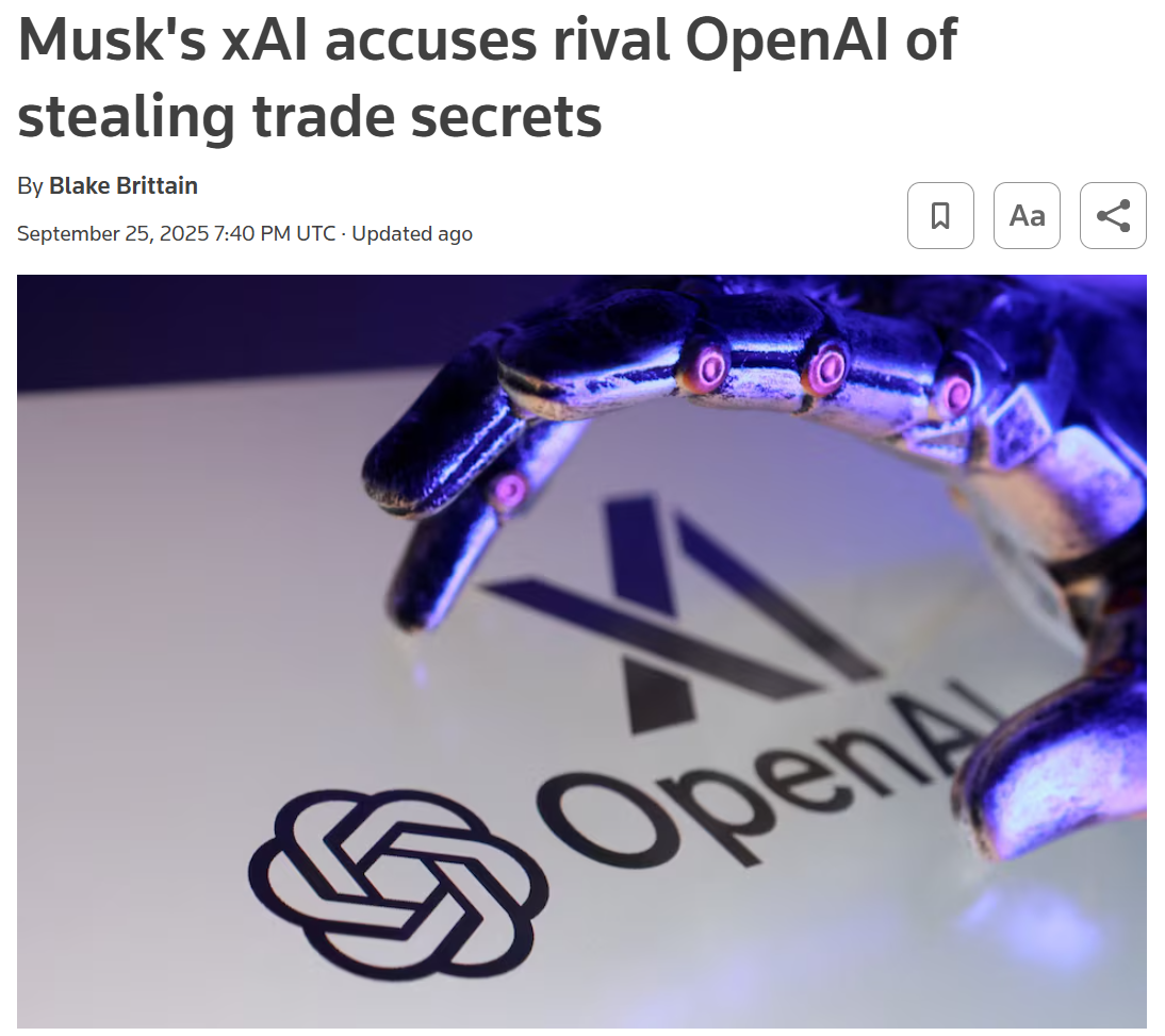 马斯克 xAI 起诉 OpenAI，指控后者通过挖角手段窃取商业机密插图