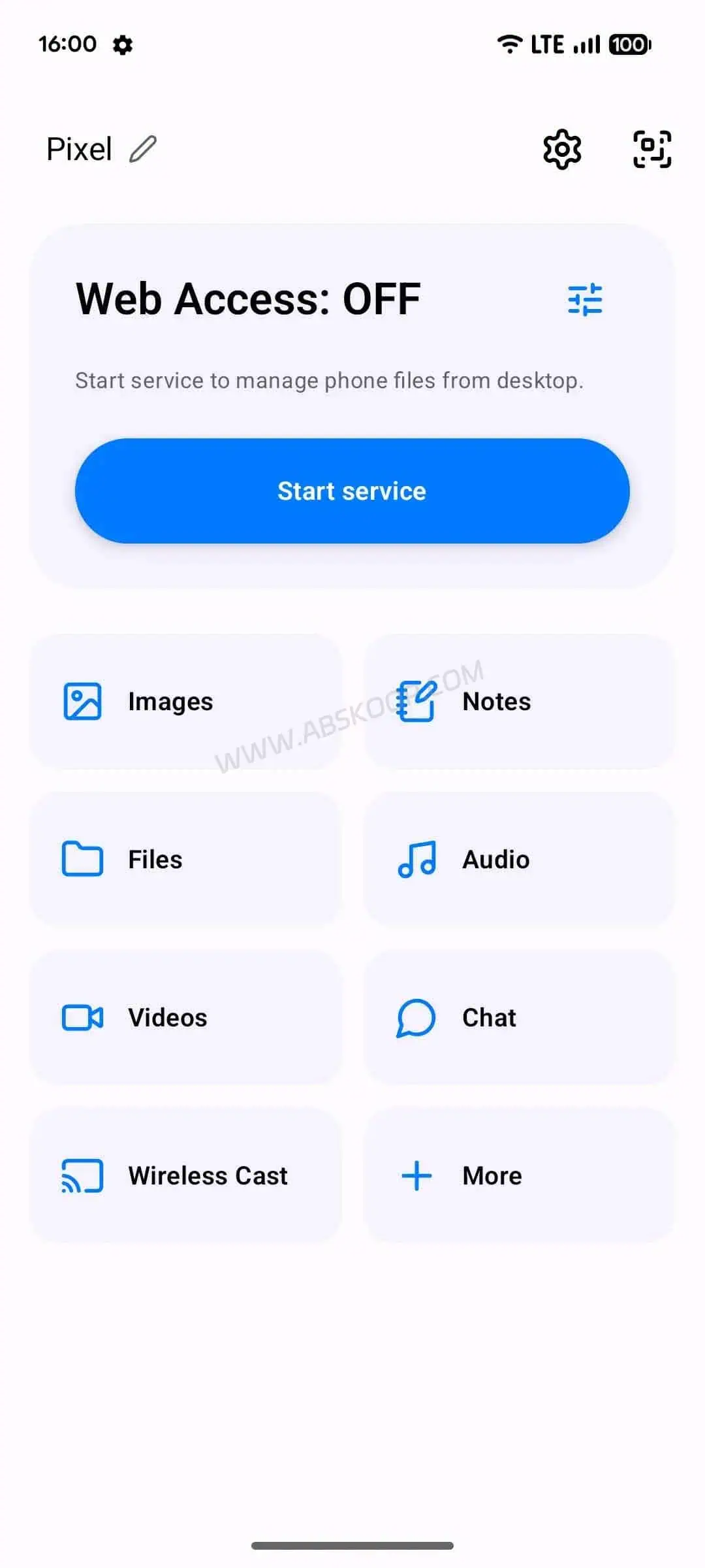 PlainApp 安卓手机端软件界面截图，用于启动局域网 Web 管理服务
