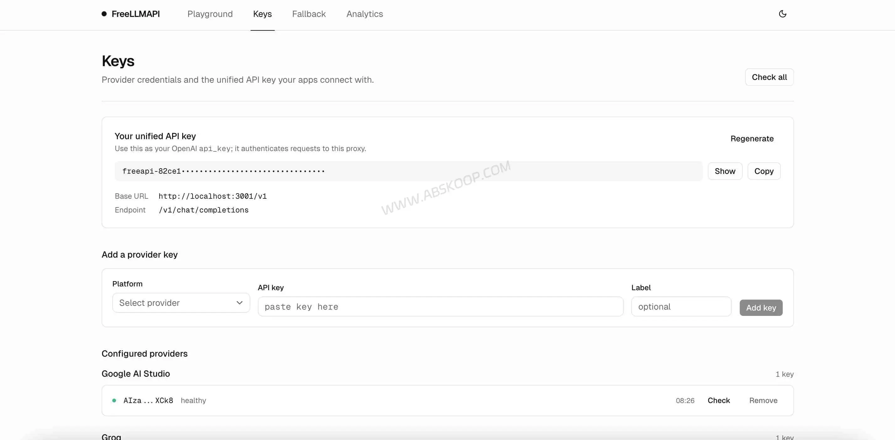 FreeLLMAPI：自托管-OpenAI-兼容-API-网关，统一管理多家-LLM-测试额度-key 后台截图