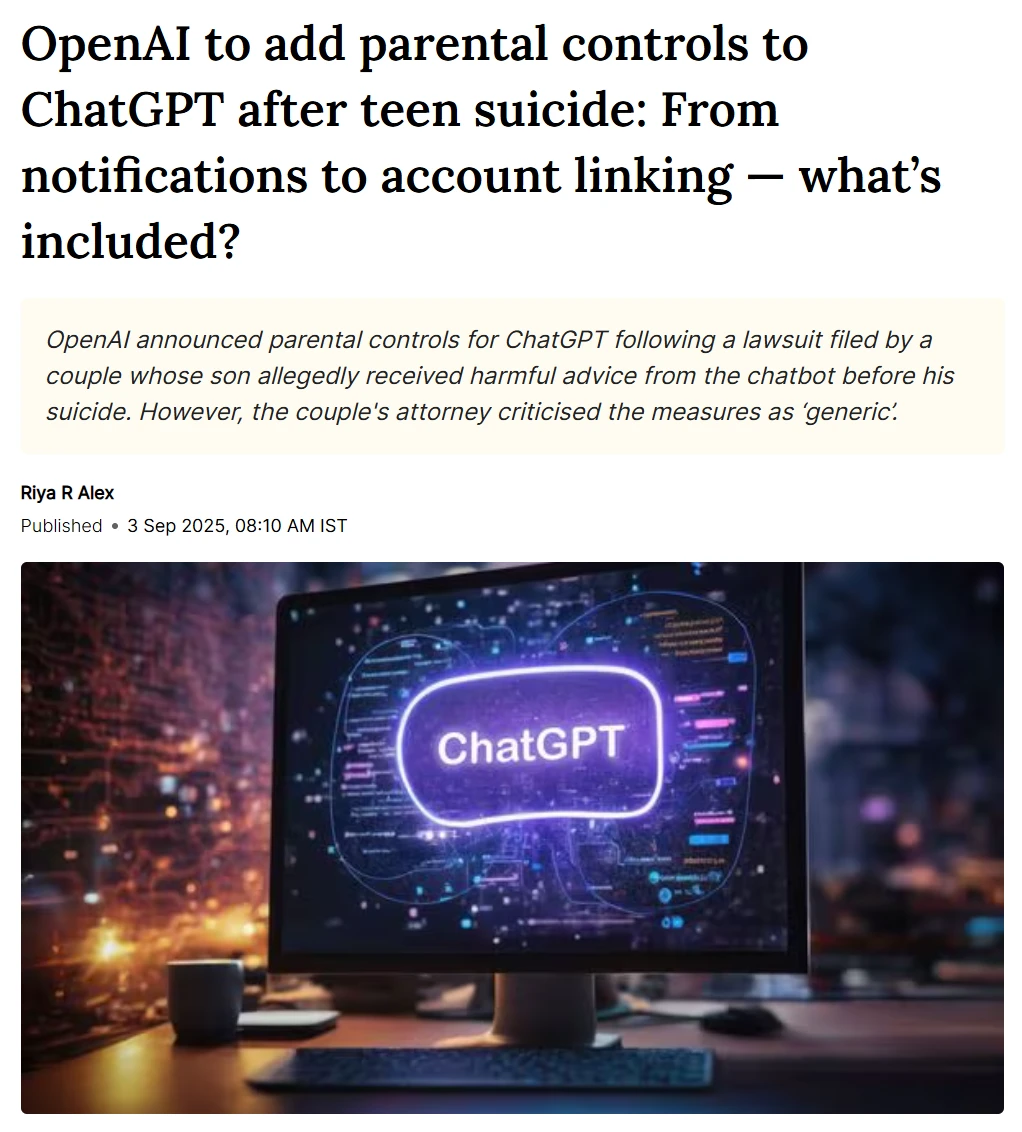 OpenAI 下月为 ChatGPT 添加家长控制功能，自动干预风险对话插图