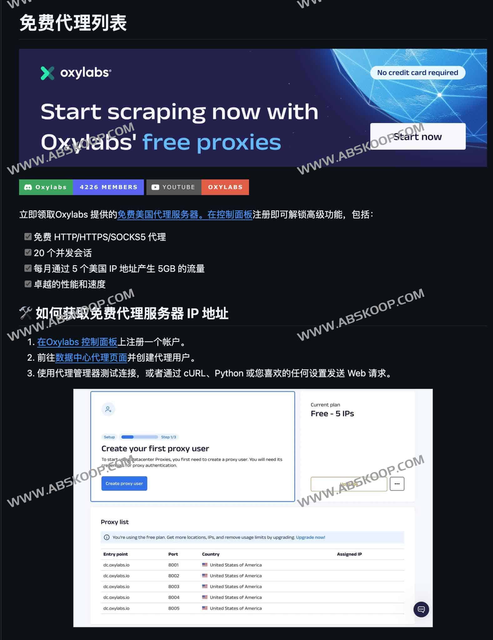 Oxylabs 免费美国代理列表：HTTP/HTTPS/SOCKS5，5 个 US IP 与 5GB/月流量，轻松集成：Free Proxy List