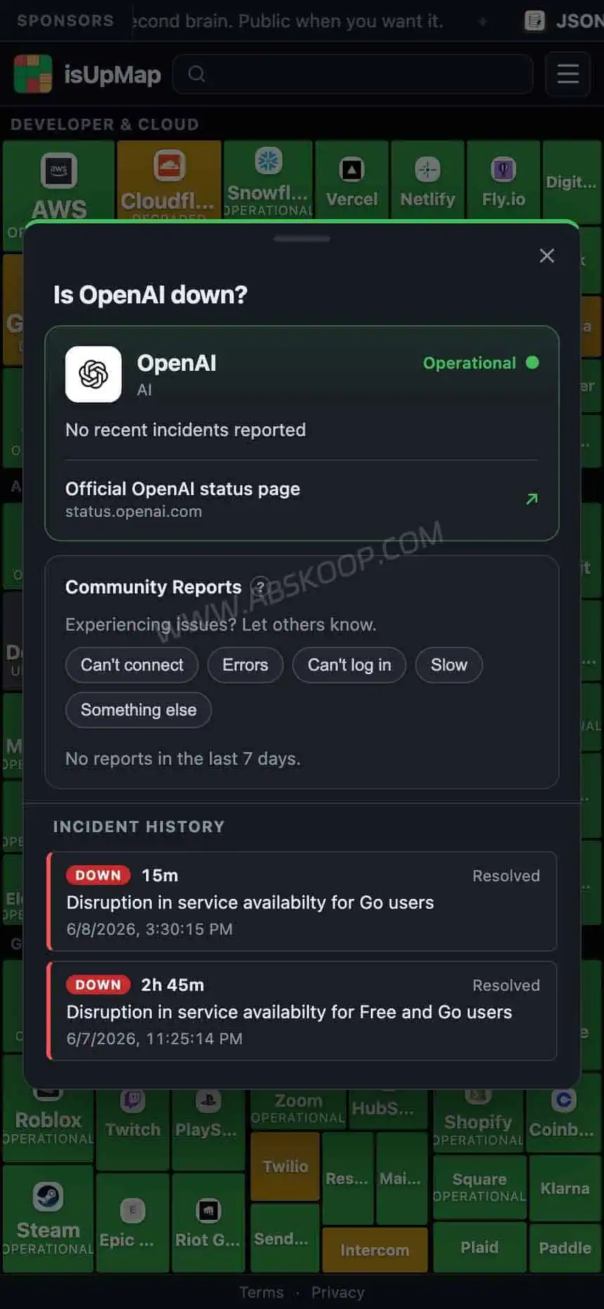 isUpMap 服务状态热力图演示截图，展示 OpenAI、GitHub、Stripe 等服务在线状态