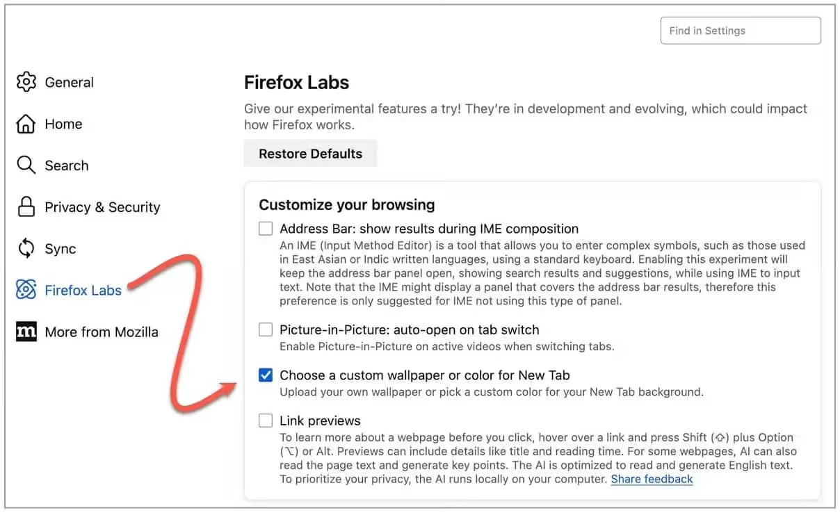 火狐 Firefox 浏览器 138 新特性：新标签页背景支持上传图片定制插图1