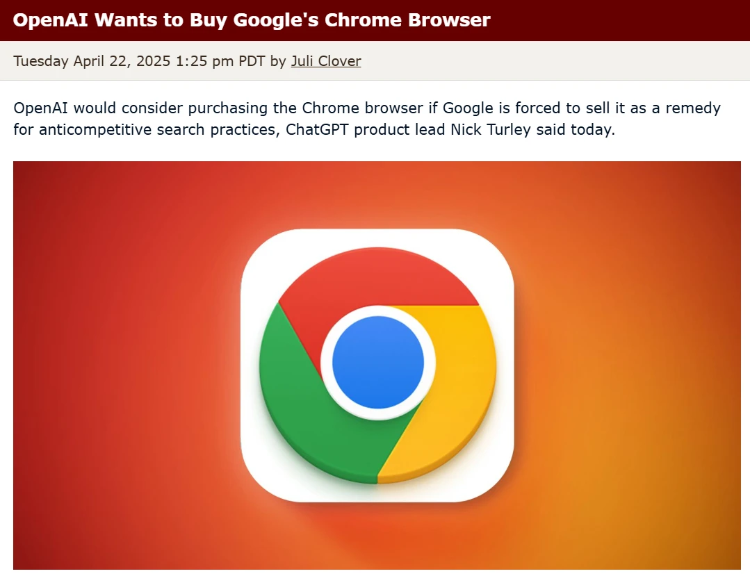 谷歌陷反垄断风暴恐被迫剥离 Chrome 浏览器，OpenAI 喊话有意收购插图