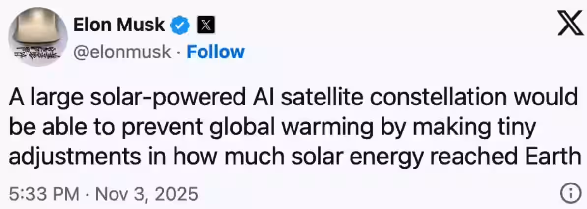 马斯克提出“太空遮阳”工程概念：在地球外层部署卫星集群反射阳光，以调控温度对抗全球变暖插图