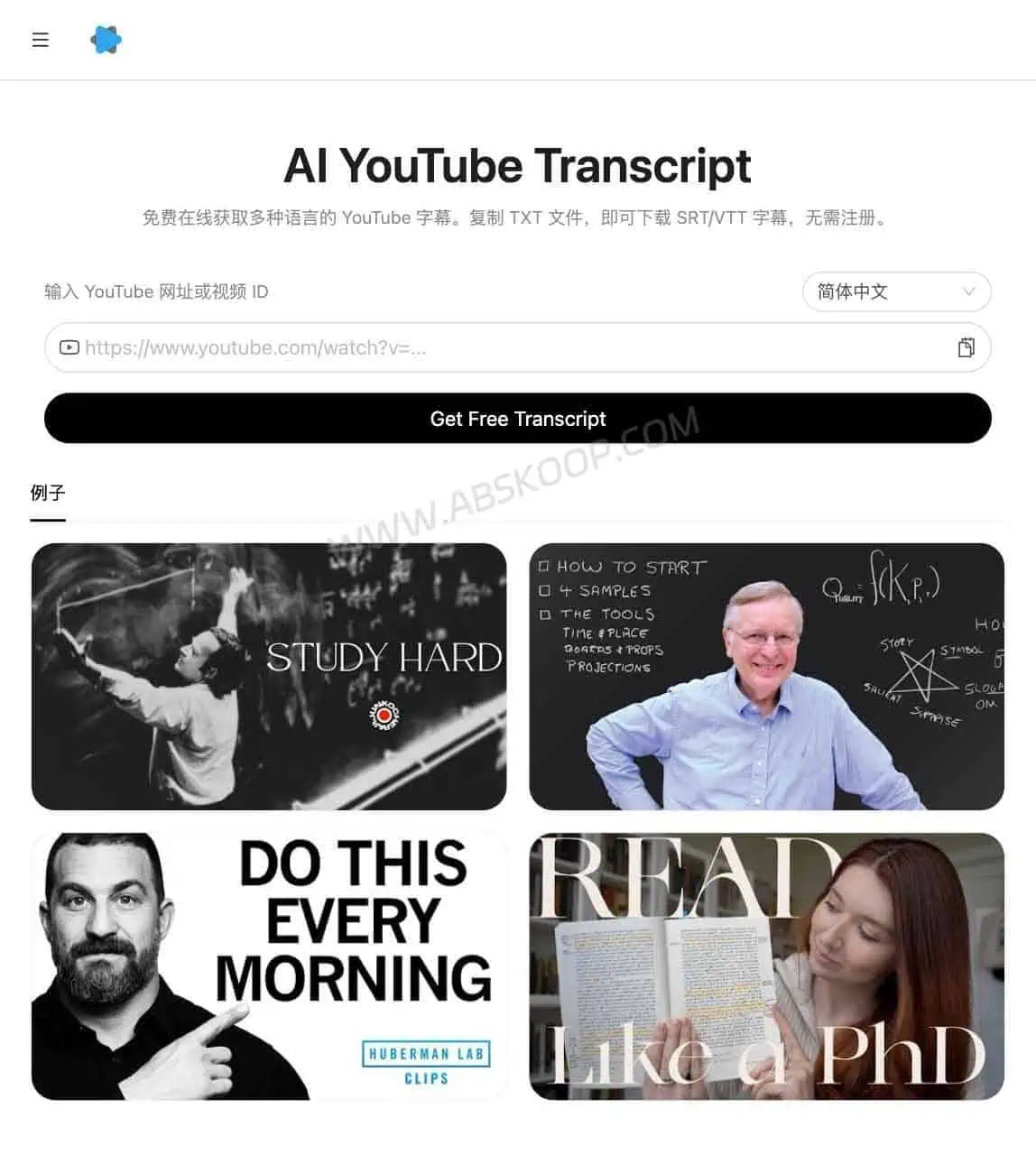 AI YouTube Transcript 免费 YouTube 字幕提取工具官网主页