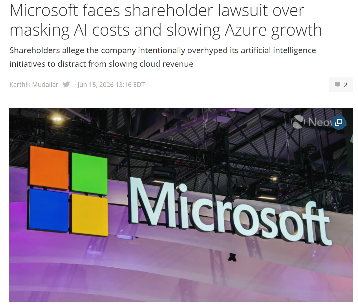 微软遭股东集体诉讼：被控淡化 AI 基础设施成本，掩盖 Azure 增速放缓插图